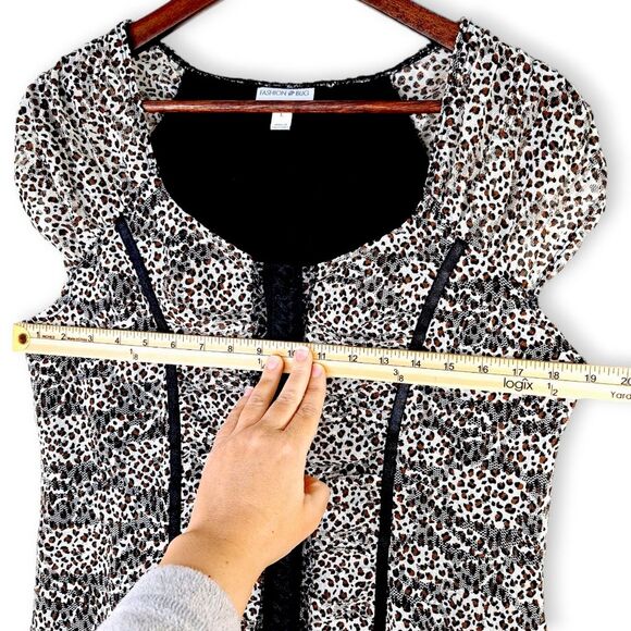 Fashion Bug Leopard Cheetah Ruched Mesh Lace Stretch Blouse Top Sz L - Picture 5 of 10